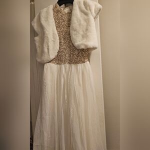 Elegant White and Gold Dress with Faux Fur Shrug